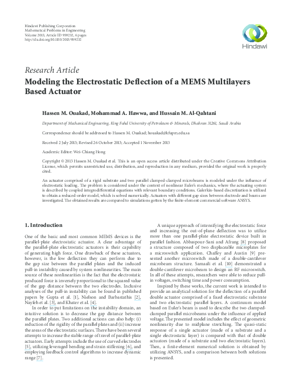 (PDF) Modeling the Electrostatic Deflection of a MEMS Multilayers Based ...