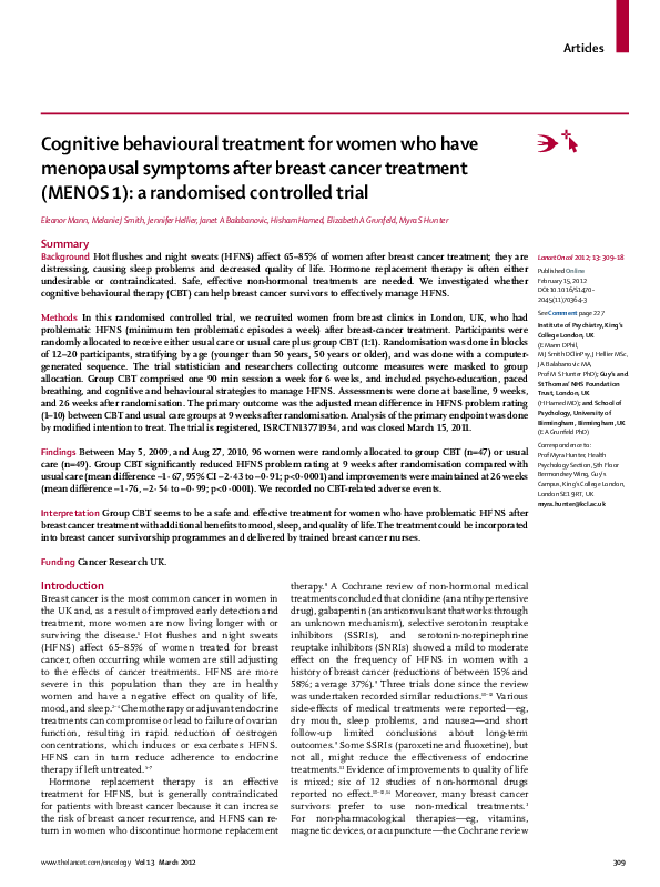 (PDF) Cognitive behavioural treatment for women who have menopausal symptoms after breast cancer