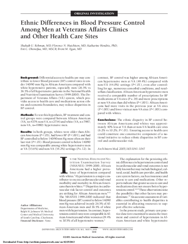 (PDF) Blood Pressure Control Among US Veterans VASILIOS PAPADEMETRIOU