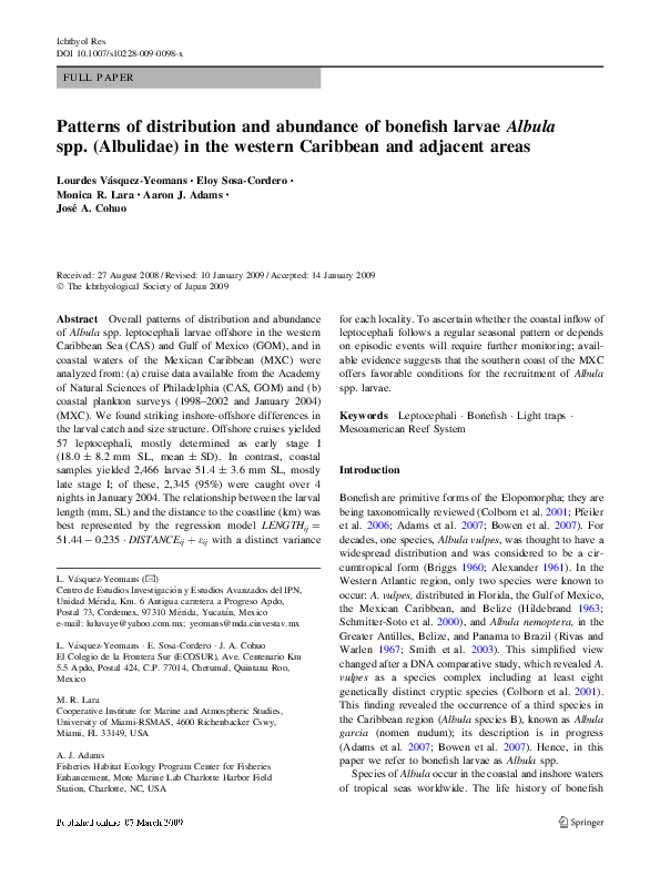 (PDF) Patterns of distribution and abundance of bonefish larvae Albula ...