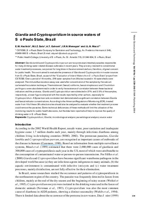 (PDF) Giardia and Cryptosporidium in source waters of São Paulo State ...