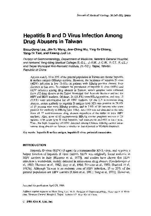 (PDF) Hepatitis B and D Virus Infection Among Drug Abusers in Taiwan