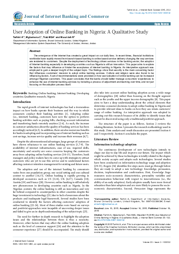Pdf User Adoption Of Online Banking In Nigeria A Qualitative