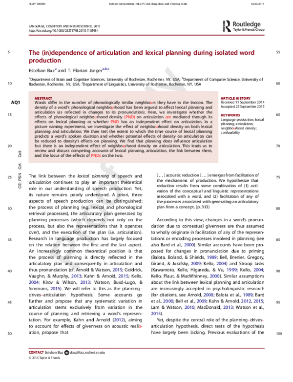 (PDF) The (in)dependence of articulation and lexical planning during ...