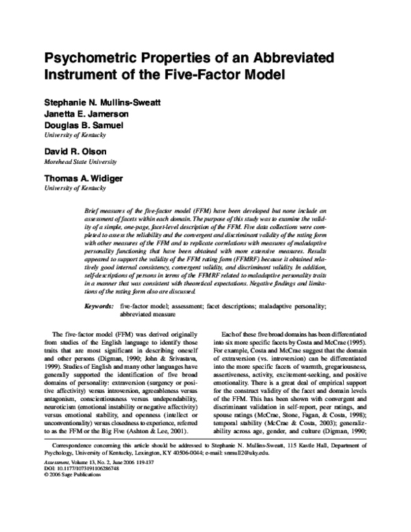 (PDF) Psychometric Properties of an Abbreviated Instrument of the Five ...
