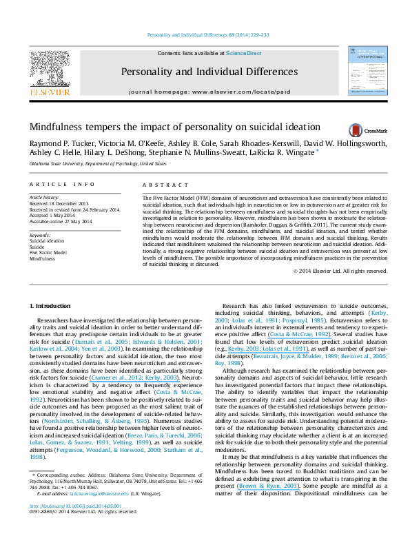 (PDF) Mindfulness tempers the impact of personality on suicidal ideation