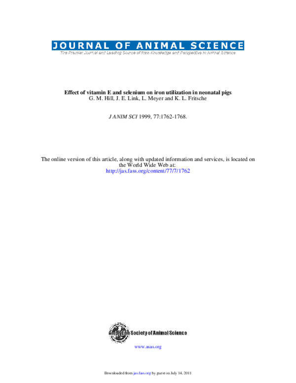 (PDF) Effect of vitamin E and selenium on iron utilization in neonatal pigs Kevin Fritsche and