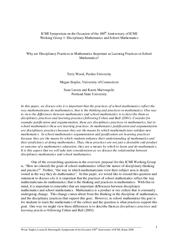 (PDF) Why are Disciplinary Practices in Mathematics Important as ...