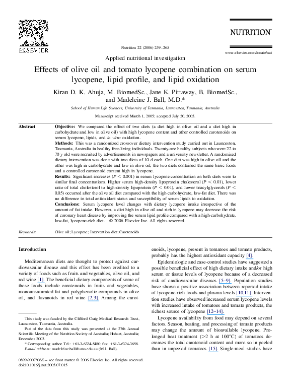 (PDF) Effects of olive oil and tomato lycopene combination on serum lycopene, lipid profile, and