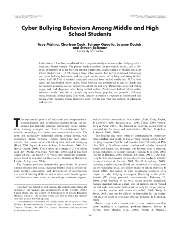 (PDF) Prevalence and Impact of Cyber Bullying among Adolescents