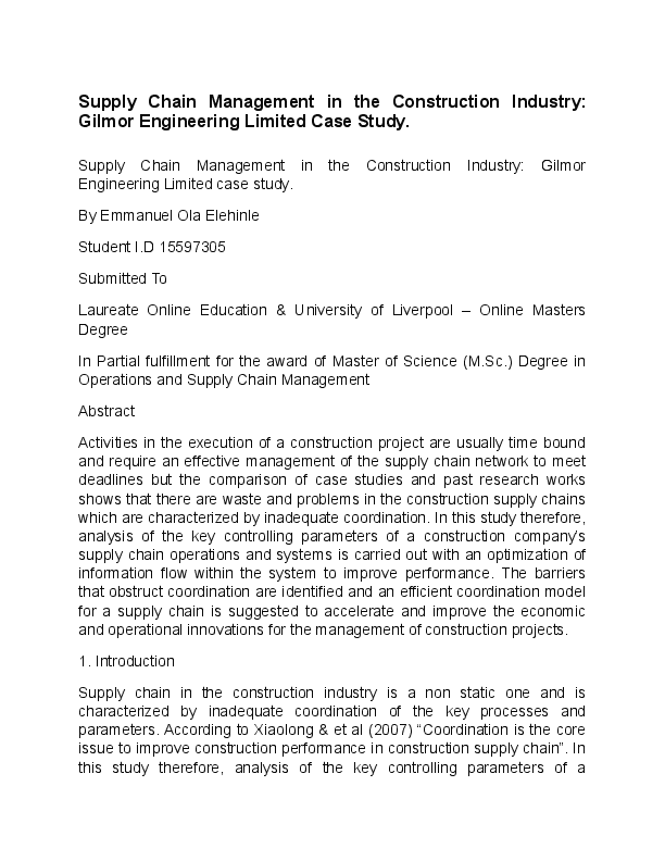 (DOC) Supply Chain Management in the Construction Industry oseyi