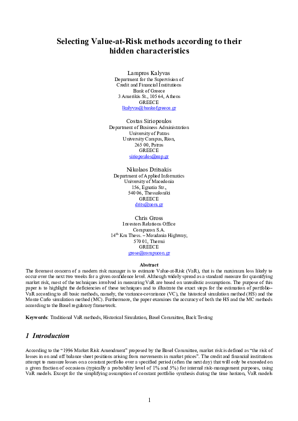 (PDF) Selecting Value-at-Risk methods according to their hidden ...
