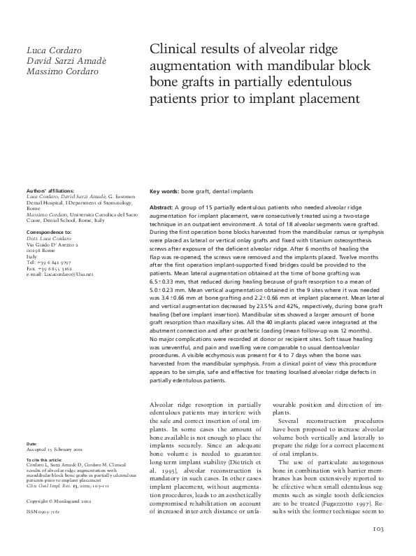 (PDF) Clinical results of alveolar ridge augmentation with mandibular ...
