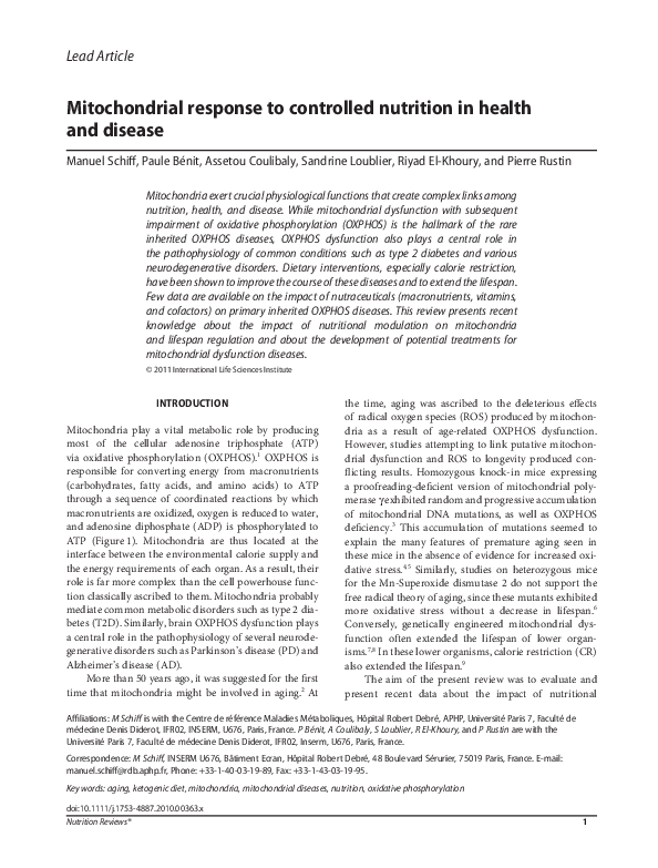 (PDF) Mitochondrial response to controlled nutrition in health and disease