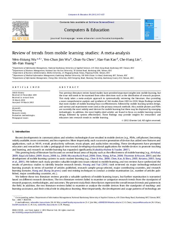 (PDF) Review of trends from mobile learning studies: A meta-analysis