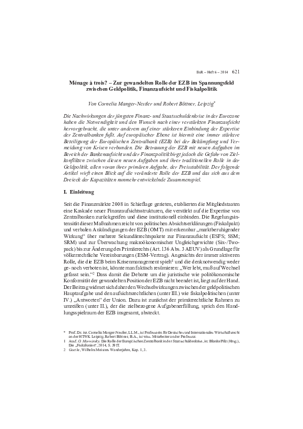 Pdf Zur Gewandelten Rolle Der Ezb Im Spannungsfeld Zwischen Geldpolitik Finanzaufsicht Und Fiskalpolitik Cornelia Manger Nestler And Robert Boettner Academia Edu