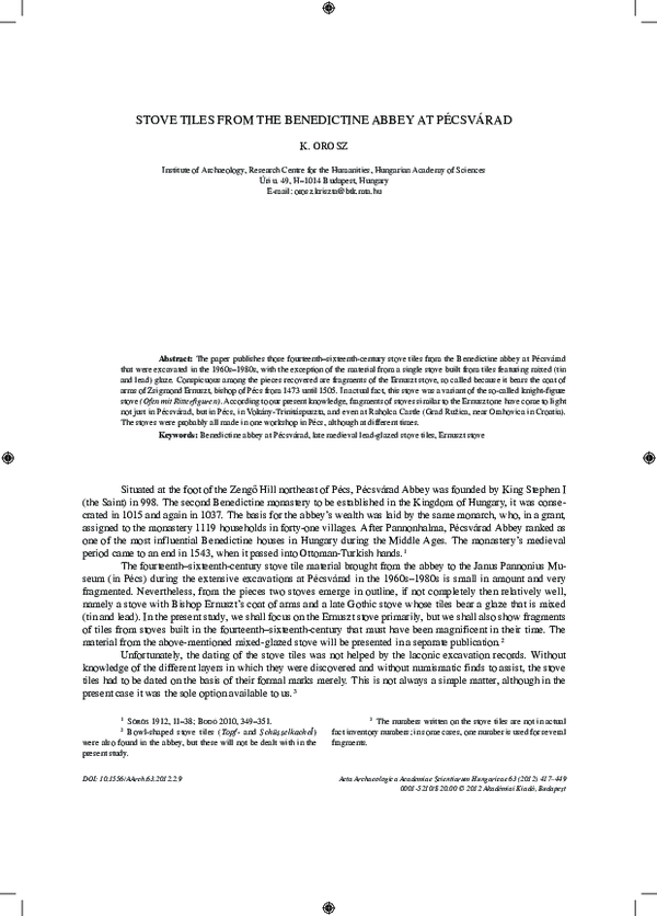 Stove tiles from the Benedictine Abbey at Pécsvárad. Acta Archaeologica Academiae Scientiarum Hungaricae 63. (2012) 417–449.