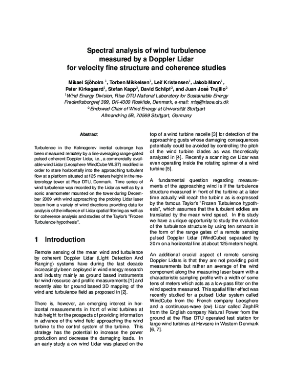 (PDF) Spectral analysis of wind turbulence measured by a Doppler Lidar ...