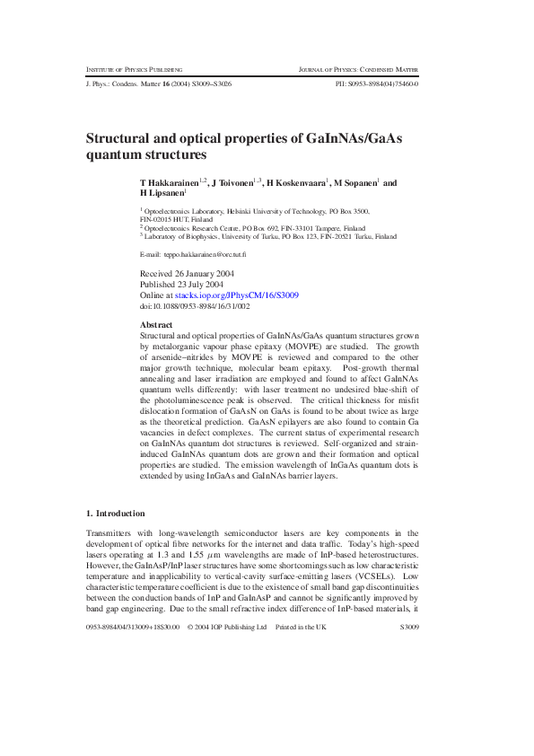 (PDF) Structural and optical properties of GaInNAs/GaAs quantum structures