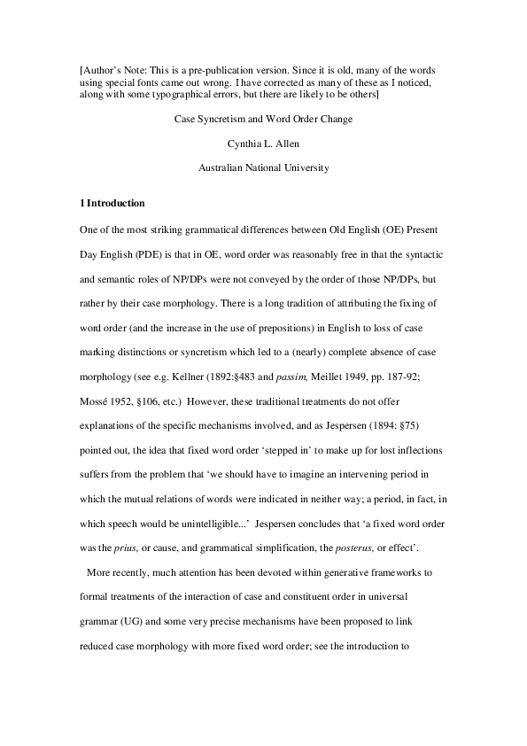 (PDF) Case Syncretism and Word Order Change Cynthia Allen Academia.edu