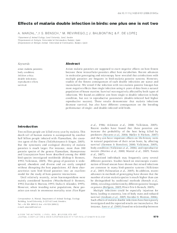 (PDF) Effects of malaria double infection in birds: one plus one is not two