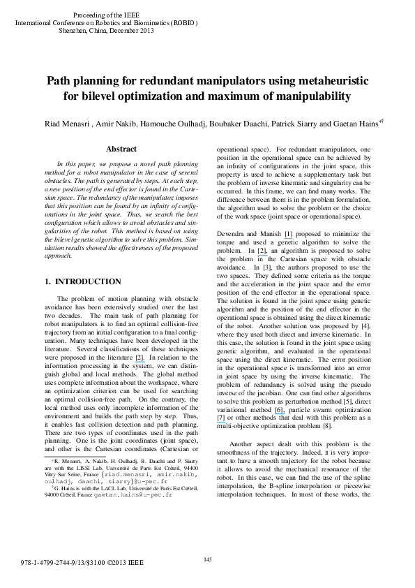 (PDF) Path planning for redundant manipulators using metaheuristic for ...