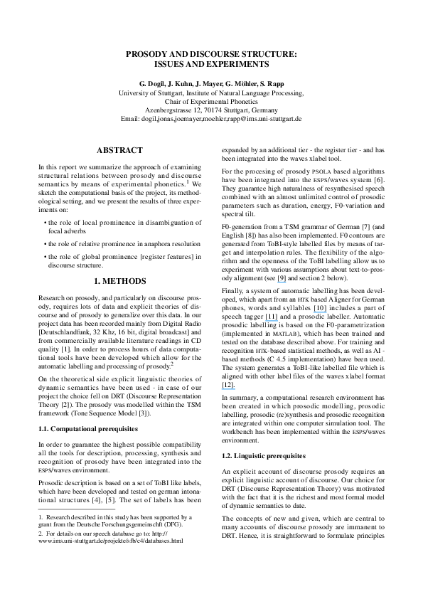 (PDF) PROSODY AND DISCOURSE STRUCTURE: ISSUES AND EXPERIMENTS