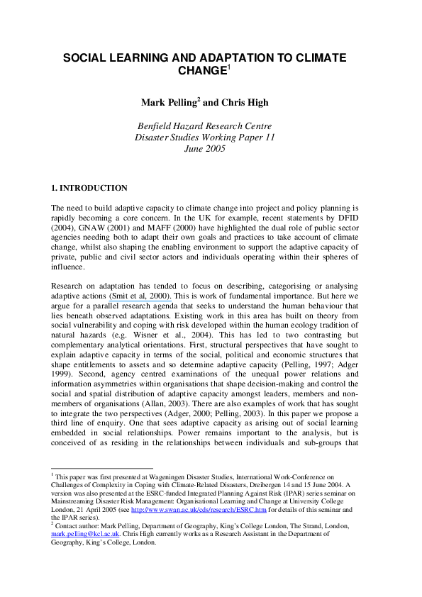 (PDF) Social learning and adaptation to climate change | Chris High ...