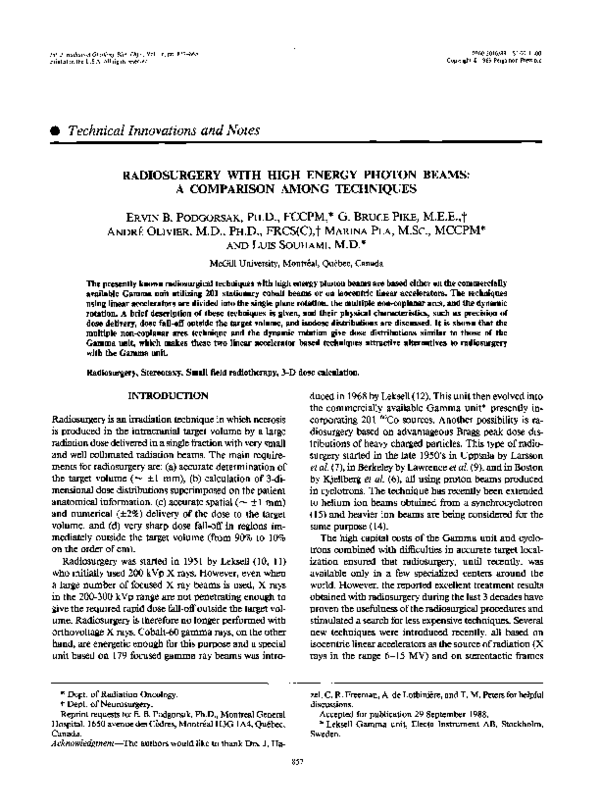 (PDF) Radiosurgery with high energy photon beams: A comparison among ...