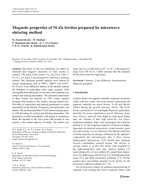 (PDF) Properties of NiZn Ferrites Prepared by Microwave