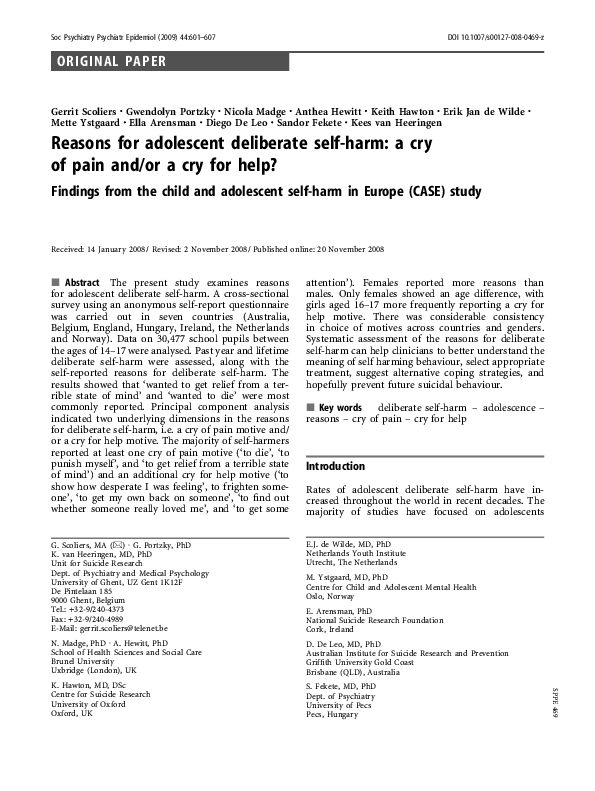 (PDF) Reasons for adolescent deliberate selfharm a cry of pain and/or