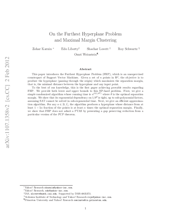 (PDF) On the Furthest Hyperplane Problem and Maximal Margin Clustering