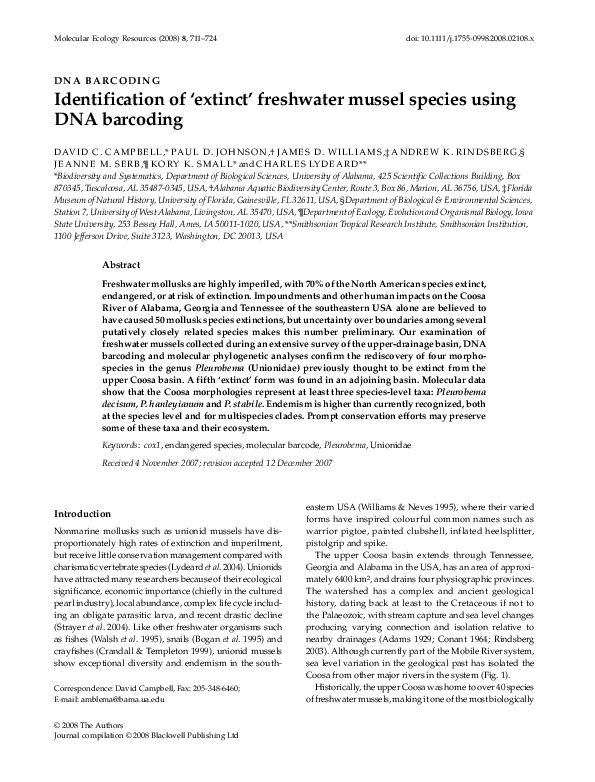 (PDF) Identification of ‘extinct’ freshwater mussel species using DNA barcoding Andrew K