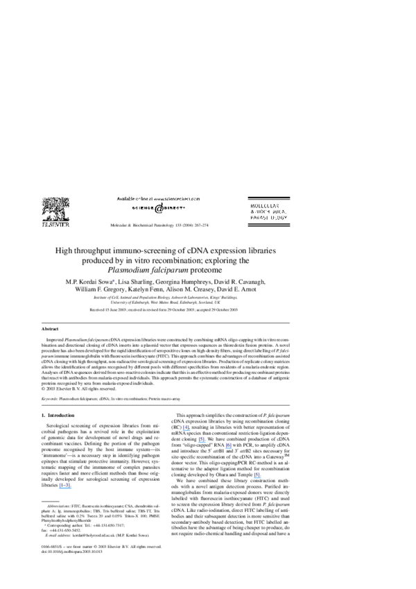 (PDF) High throughput immunoscreening of cDNA expression libraries