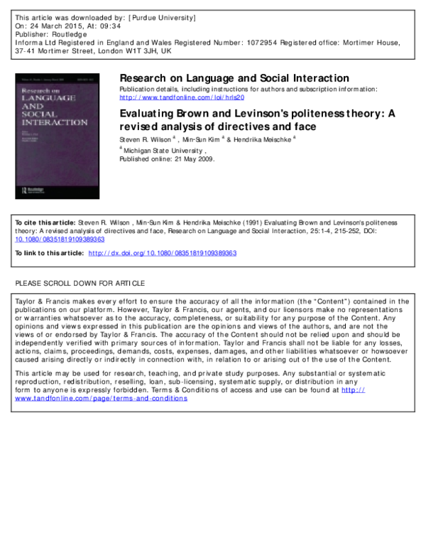 (PDF) Evaluating Brown and Levinson's politeness theory A revised