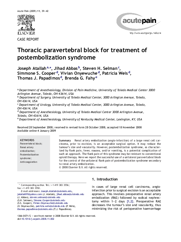 (PDF) Thoracic paravertebral block for treatment of postembolization ...