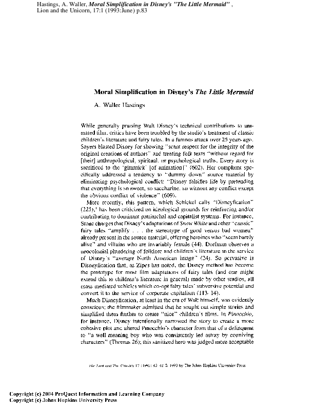 Moral Simplification in Disney's The Little Mermaid Waller Hastings