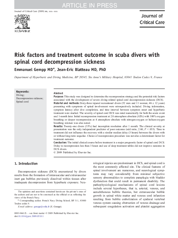 (PDF) Risk factors and treatment in scuba divers with spinal