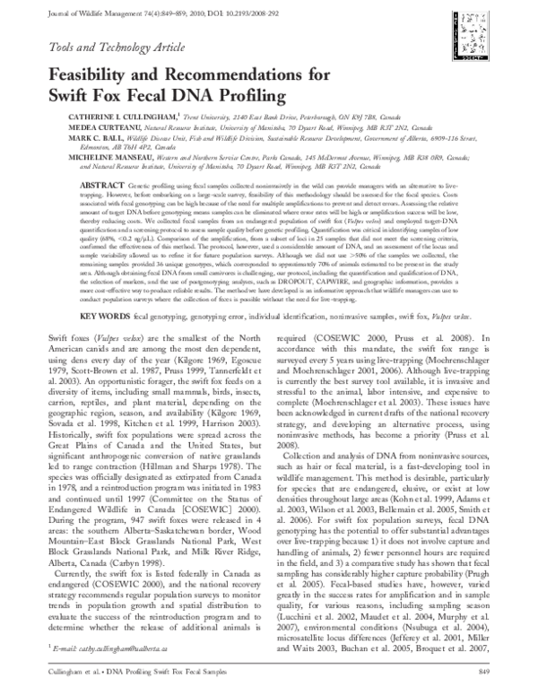 (PDF) Feasibility and Recommendations for Swift Fox Fecal DNA Profiling