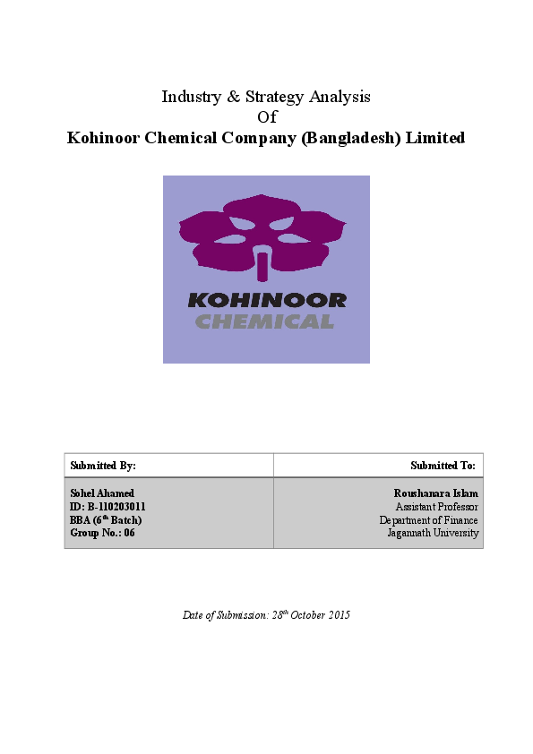 (DOC) Industry & Strategy Analysis Of Kohinoor Chemical Company