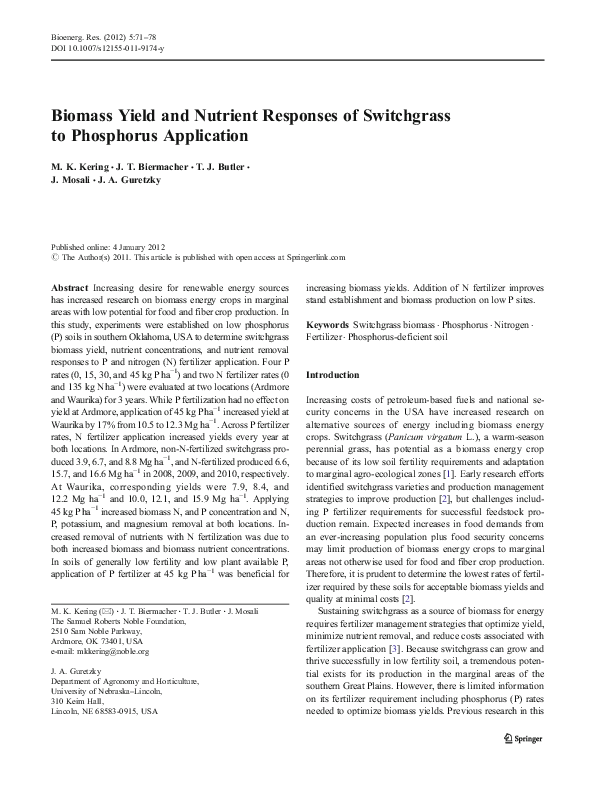 (PDF) Biomass Yield and Nutrient Responses of Switchgrass to Phosphorus ...
