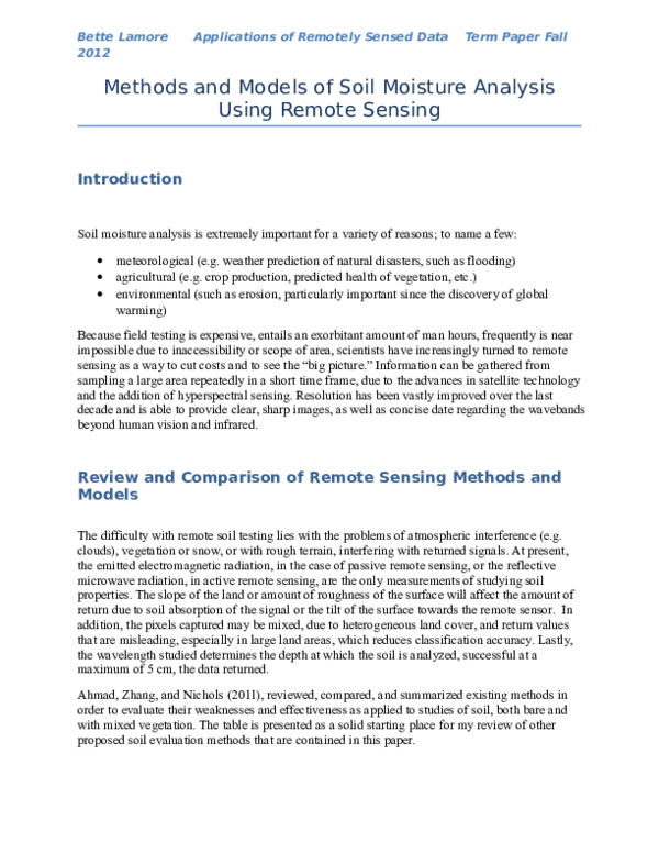 (DOC) Methods and Models of Soil Moisture Analysis
