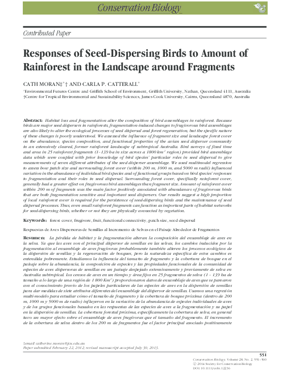 (PDF) Responses of Seed-Dispersing Birds to Amount of Rainforest in the ...