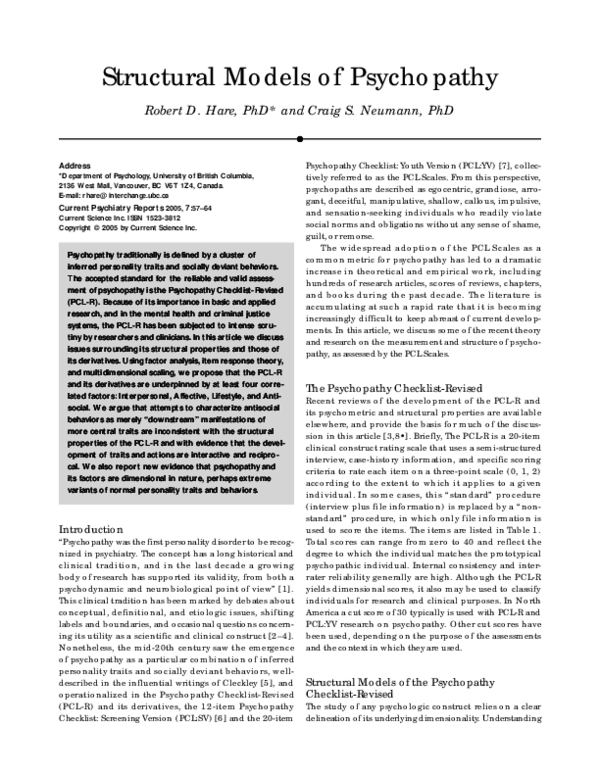 (PDF) Structural models of psychopathy