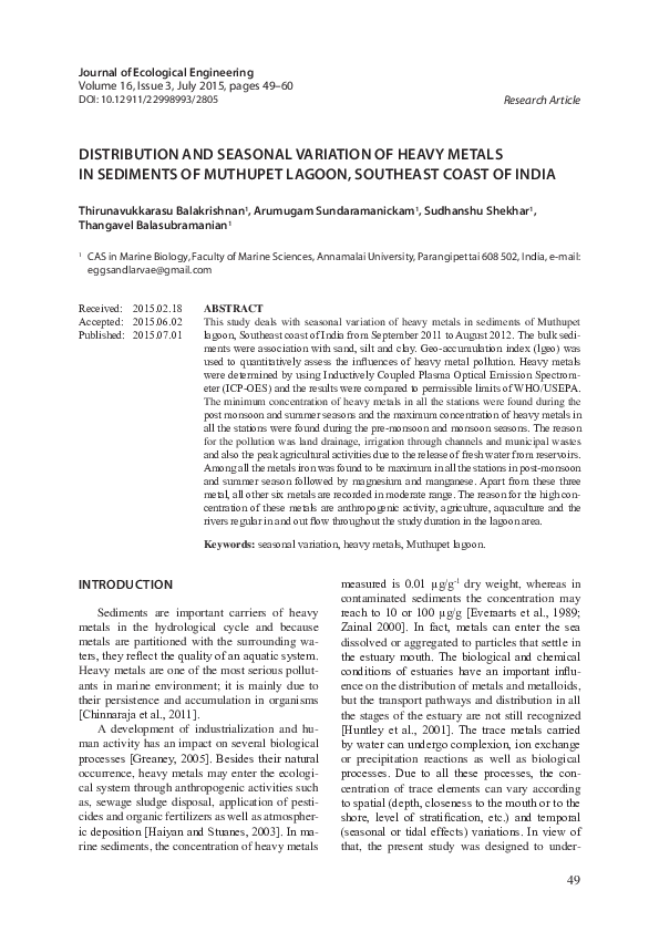 (PDF) DISTRIBUTION AND SEASONAL VARIATION OF HEAVY METALS IN SEDIMENTS ...
