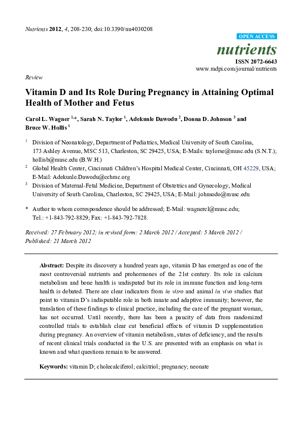 (PDF) Vitamin D and Its Role During Pregnancy in Attaining Optimal