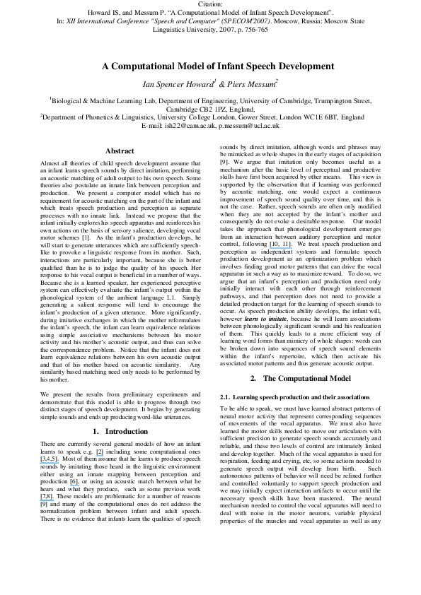 (PDF) A Computational Model of Infant Speech Development