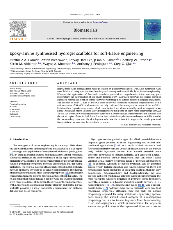 (PDF) Epoxyamine synthesised hydrogel scaffolds for softtissue