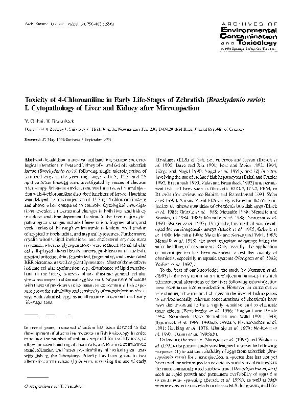 (PDF) Toxicity of 4-chloroaniline in early life-stages of zebrafish