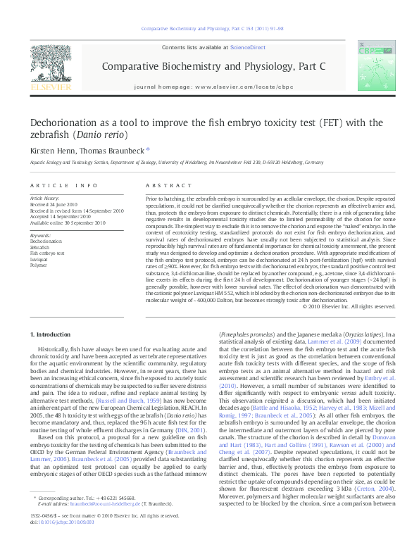 (PDF) Enhancing Zebrafish Embryo Toxicity Tests via Dechorionation